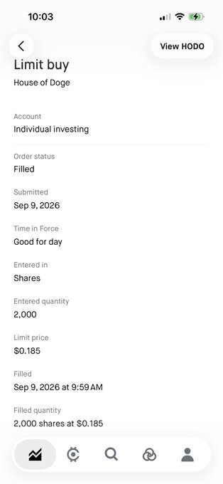 A screenshot of a mobile trading app showing a filled limit buy order for 2,000 shares of HODO (House of Doge) at a limit price of $0.185, submitted Sep 9, 2026 at 9:59 AM under an individual investing account.