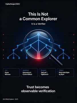 A dark-themed promotional graphic for 'CipherScope (CSC)' blockchain explorer, featuring a magnifying glass over a network diagram and the text 'This Is Not a Common Explorer, It is a Verifier.'