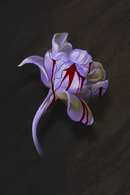 A digital painting of a white flower with red streaks and cracks on a dark, textured background.