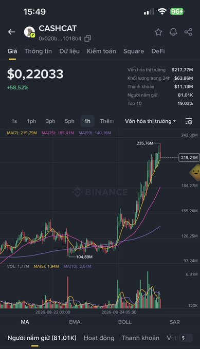 A mobile screenshot of the Binance app showing the CASHCAT cryptocurrency (0x020b...1018b4) trading at $0.22033 with a +58.52% increase and a market cap of $217.77M.