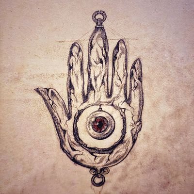 A detailed ink drawing of a hand-shaped pendant featuring a red gemstone eye in the center of the palm and a ring at the wrist.