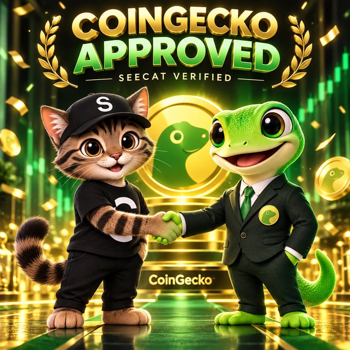 A digital illustration shows a cartoon cat wearing a black cap with an 'S' shaking hands with a green gecko in a suit, with 'COINGECKO APPROVED SEECAT VERIFIED' text and cryptocurrency coins in the background.