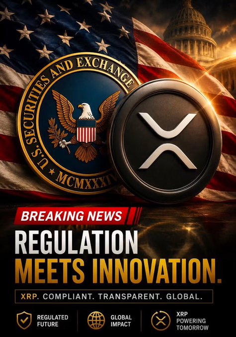 A promotional graphic showing the U.S. Securities and Exchange Commission seal alongside the XRP logo, with text reading 'BREAKING NEWS: REGULATION MEETS INNOVATION. XRP. COMPLIANT. TRANSPARENT. GLOBAL.'