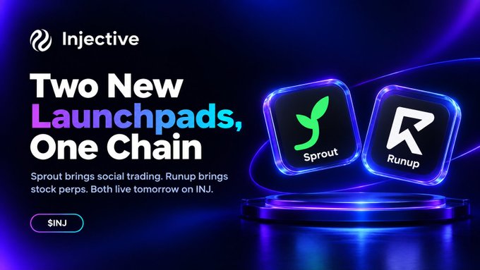 A promotional banner for 'Injective' announcing 'Two New Launchpads, One Chain' with icons for 'Sprout' and 'Runup' glowing in blue and purple.