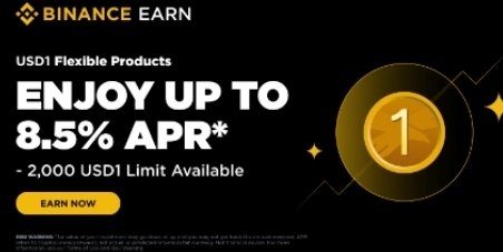 A Binance Earn promotional banner advertises up to 8.5% APR on USD1 Flexible Products, with a 2,000 USD1 limit available, encouraging holders of the WLFI-issued USD1 stablecoin to stake their assets on Binance to earn yield.