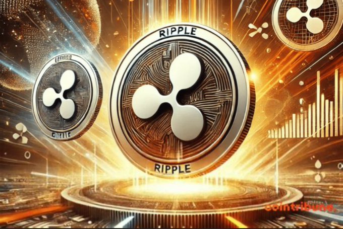 A dramatic, glowing image features Ripple (XRP) coins prominently displayed with the word "RIPPLE" visible on them, set against an energetic background of golden light streaks and cryptocurrency-themed graphics. The post's playful phrase "ITS RIPPLE HAIR K?" humorously riffs on the flowing, radiant "hair-like" streams of light surrounding the coins, suggesting the chaotic energy beams resemble hair flowing around Ripple's iconic logo.