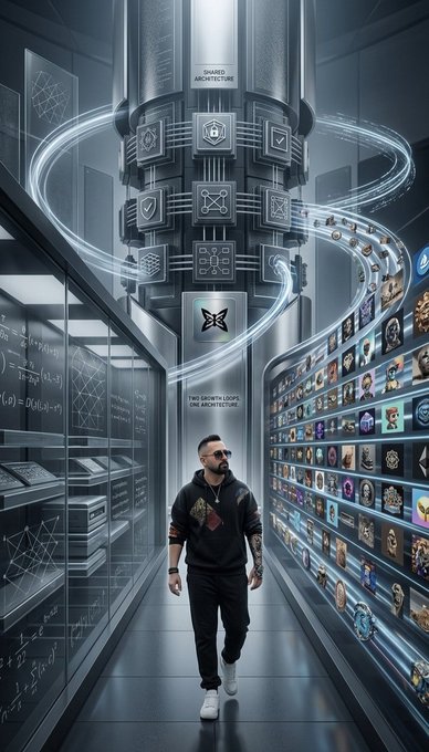 A futuristic digital illustration shows a man in sunglasses walking down a sleek corridor lined with glass display cases containing numerous icons, beneath a central tower labeled 'SHARED ARCHITECTURE'.