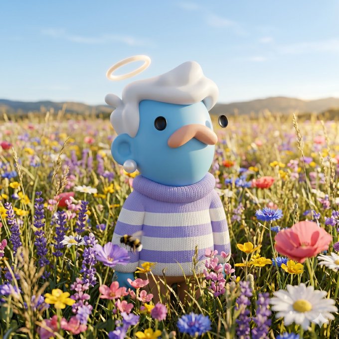 The image features a cartoon character dressed in a purple sweater with white stripes standing in a field of flowers. The character has a beard and mustache, giving them a unique appearance. The background consists of a beautiful landscape filled with various types of colorful flowers. The caption "Touch grass today, my fellow NFT doods" suggests that the image is related to an online art community where people share their artwork or creations.