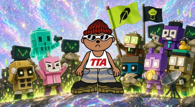 A colorful NFT-style illustration showing a central character wearing a red beanie and 'TTA' tank top, surrounded by various blocky robot figures with flags against a sparkly purple background.