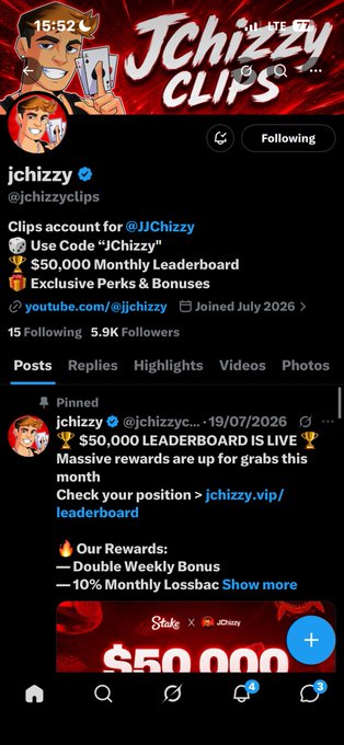 A Twitter/X profile for 'jchizzy' (@jchizzyclips), a clips account for JJChizzy, showing a pinned post about a $50,000 leaderboard giveaway.