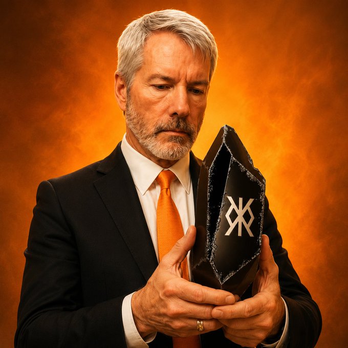 An older man with a gray beard, wearing a black suit and orange tie, holds a cracked black Runestone marked with the symbol "ᴿᴺ" against a fiery orange background, visually representing the "Day 73 of posting Runestone until the second airdrop" as a weathered guardian of the token.