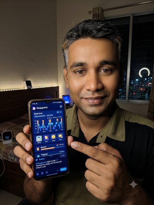 The image features a man holding up his cell phone, which displays a sleep tracking app. The man appears to be smiling as he points at the screen, possibly showing off the results of his sleep tracking or sharing some interesting data with others. The background includes a bed and a window, suggesting that this might be taking place in a bedroom setting.