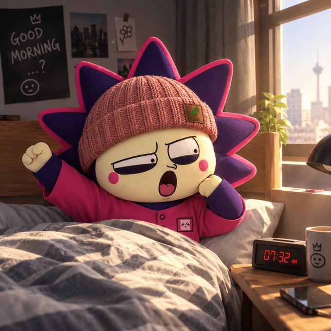 An animated plush toy character wearing a pink knit hat and sleeping bag, yawning while sitting in bed as a digital clock shows 07:32 AM, with a 'GOOD MORNING?' sign on the wall.