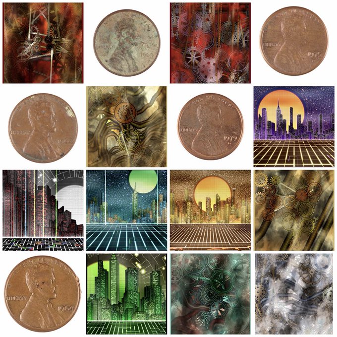 A collage showcasing a curated collection of Ordinals artwork on Bitcoin, featuring close-up images of pennies with "LIBERTY" and "1909" visible, alongside intricate steampunk-style gear designs and retro-futuristic synthwave cityscapes with grid patterns and sun motifs—celebrating the diverse artistic creations within the Bitcoin Ordinals ecosystem.