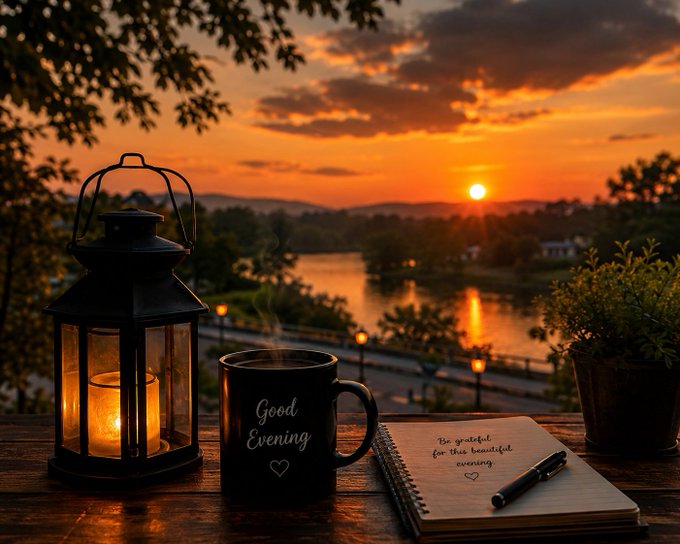 A cozy evening scene with a wooden table holding a black lantern with a lit candle, a black mug reading 'Good Evening' with steam rising, and a notebook saying 'Be grateful for this beautiful evening' with a pen. The background shows a beautiful sunset over a calm river.