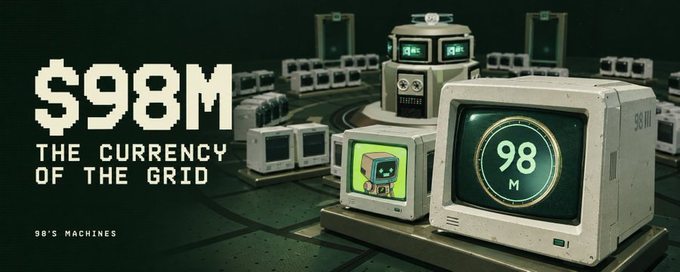 A promotional graphic reads '$98M THE CURRENCY OF THE GRID' and '98'S MACHINES' next to rows of vintage computer monitors displaying pixel art characters and the number '98 M'.