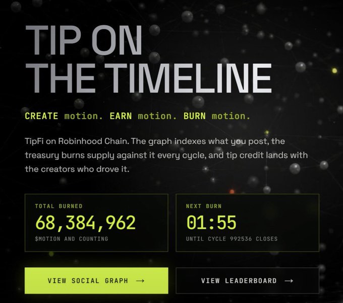 A digital interface for 'TIP ON THE TIMELINE' showing a total burned amount of 68,384,962 MOTION, with a next burn countdown timer of 01:55, set against a dark background with glowing network nodes.