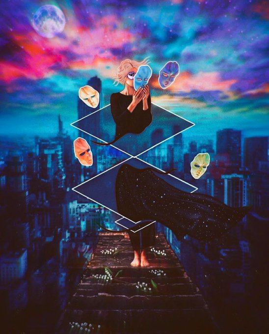 A surreal digital artwork of a blonde woman in a black dress standing on a brick rooftop overlooking a city, holding a mask to her face while other floating masks surround her against a vibrant, colorful sky with a large moon.