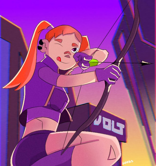 An animated illustration of a red-haired archer girl winking and drawing her bow, set against a purple neon city backdrop.