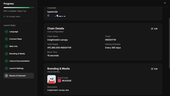 A screenshot of a web dashboard titled 'insightweb3 canopy' showing 86% progress in launching a chain on the 'typescript' network, with chain details including ticker INSIGHTW and total supply of 415,360,000.