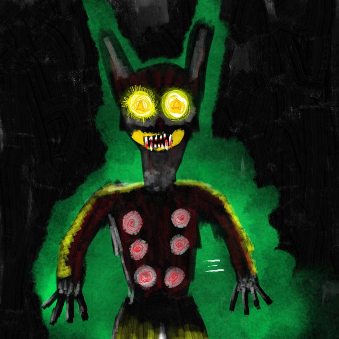 A dark, eerie drawing of a monstrous creature with glowing yellow eyes, sharp teeth, and red circular patterns on its chest, surrounded by a green aura.