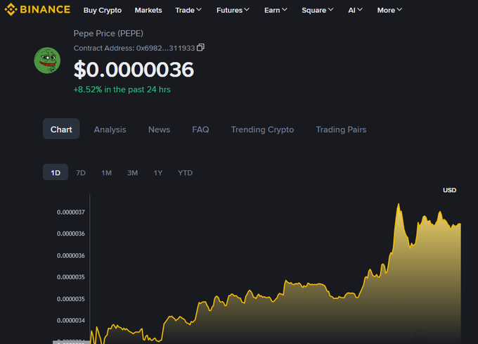 Binance cryptocurrency chart showing the Pepe (PEPE) price at $0.00000036, up 8.52% in the past 24 hours.