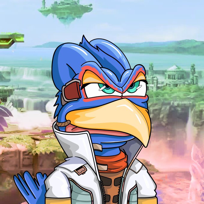 An animated blue bird-like anime character wearing a white jacket, standing in front of a fantasy landscape with floating islands and waterfalls.