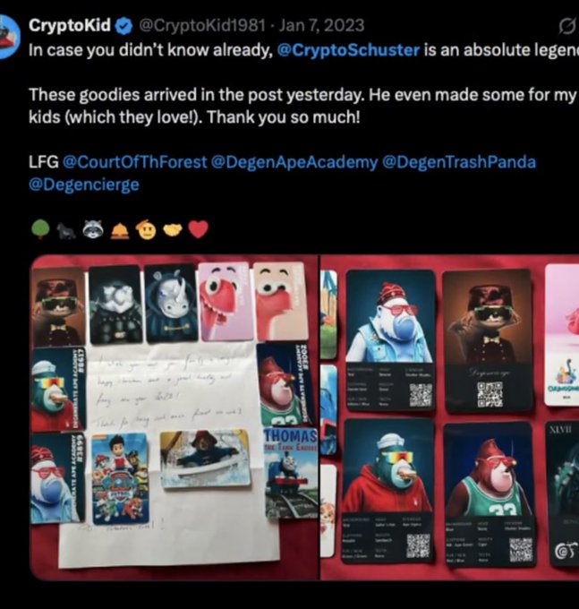 A tweet from CryptoKid (@CryptoKid1981) dated Jan 7, 2023, praising @CryptoSchuster and showcasing a collection of received physical NFT-themed trading cards featuring various characters along with a handwritten thank-you note.