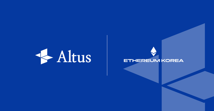 A promotional graphic on a blue background displays the Altus logo alongside the Ethereum Korea consortium logo, separated by a vertical line, announcing Altus's new membership in the Ethereum Korea consortium.