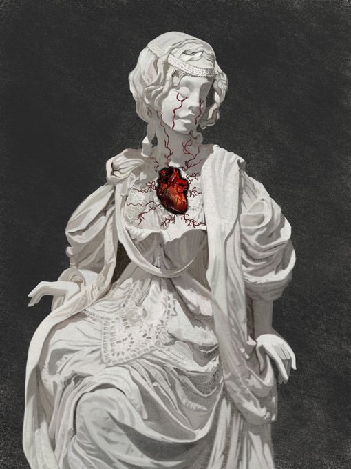 A digital artwork depicting a white marble statue of a woman with a realistic red, bleeding heart exposed in her chest.