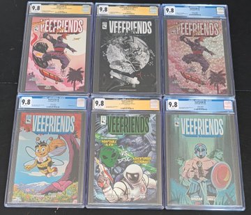 Six graded comic books, each with a 9.8 rating, are laid out in two rows, all titled 'The VEEFRIENDS'.