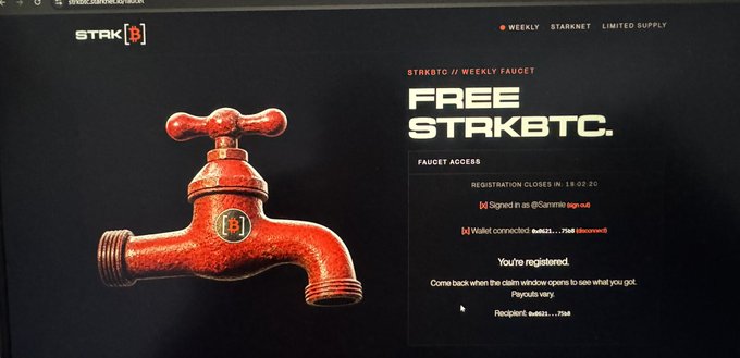 A screenshot of the STRKB.io website showing a 'FREE STRKBTC. WEEKLY FAUCET' registration page with a red faucet graphic and confirmation message 'You're registered.'
