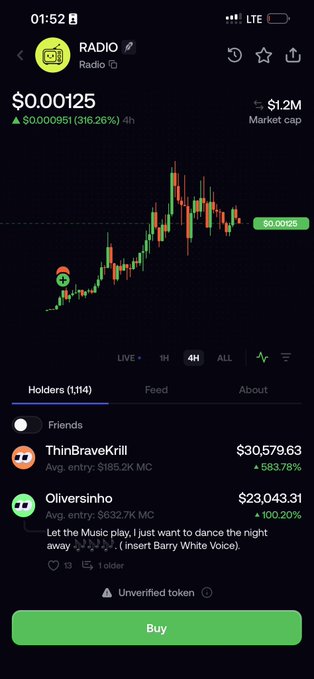 A crypto trading app showing the RADIO token at $0.00125 with a 316.26% gain, a market cap of $1.2M, and a 4-hour price chart.
