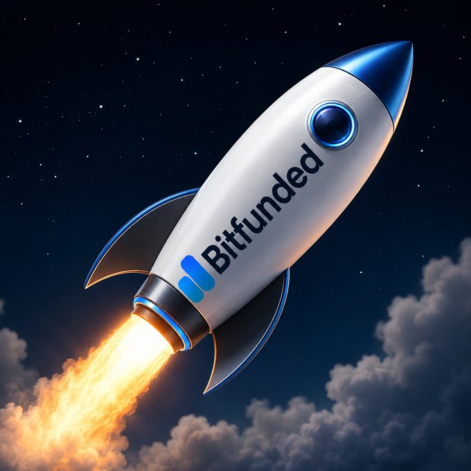 A 3D rendering of a white and blue rocket launching into a starry night sky, with the word 'Bitfunded' and a blue logo printed on its side.