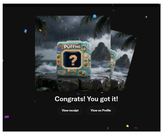 A digital screen displays 'Congrats! You got it!' with options to 'View receipt' or 'View on Profile' below a 'PUFFINS' mystery box image.