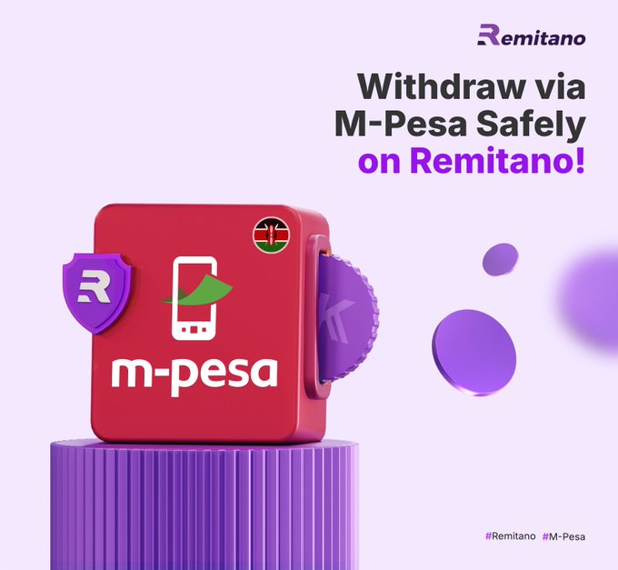 A promotional graphic for Remitano advertising 'Withdraw via M-Pesa Safely on Remitano!' featuring a red M-Pesa branded cube with the Kenyan flag and Remitano shield logo.