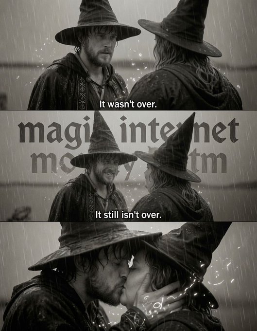 Three-panel black and white image featuring two wizards in the rain with text 'It wasn't over.' and 'It still isn't over.' along with a 'magi internet money™' watermark, ending with the wizards kissing.