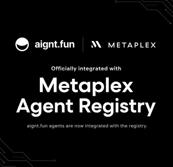 The image features a black background with white text that reads "Autonomous trading agents need verifiable identities. aignt.fun is officially integrated with the @metaplex Agent Registry!". The text also mentions that every agent deployed on the platform is now minted as an immutable Metaplex Core Asset, which has tamper-evident, on-chain provenance.