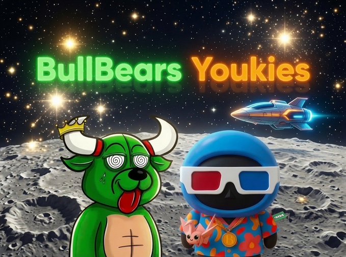 Two cartoon characters, a green crowned bull named "BullBears" and a blue astronaut figure labeled "Youkies," stand on a lunar surface with a spaceship flying overhead and a starry galaxy behind them, promoting a giveaway of both NFTs.