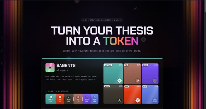 A promotional graphic with the headline 'TURN YOUR THESIS INTO A TOKEN' highlights the '$AGENTS' AI Agents token on Base, showing a drag-to-rebalance interface for various agents like VIRTUAL, REI, and GAIB.