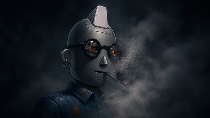 A stylized dark digital illustration depicts a metallic robot head wearing round glasses with glowing orange lenses, smoking a cigarette as smoke swirls against a dark background.