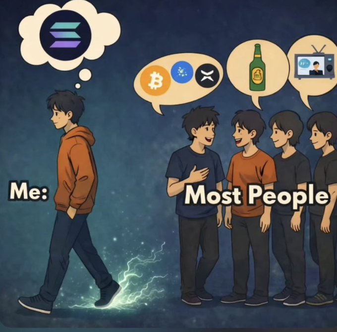 Illustration depicting a person labeled 'Me' walking alone thinking about the Solana logo, while a group labeled 'Most People' chat about beer, Bitcoin, XRP, and television, suggesting different interests.