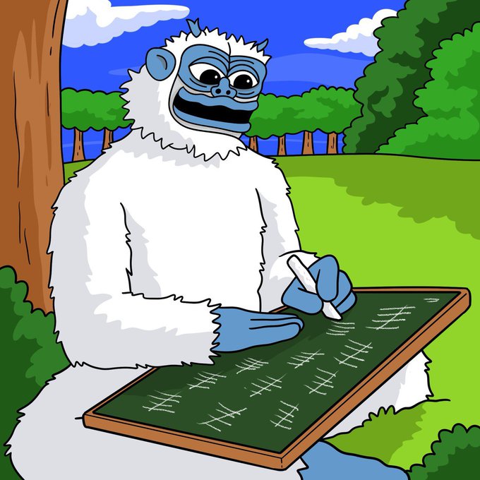 A cartoon illustration of a white-furred, blue-faced gorilla-like creature sitting outdoors, writing tally marks on a chalkboard with chalk.