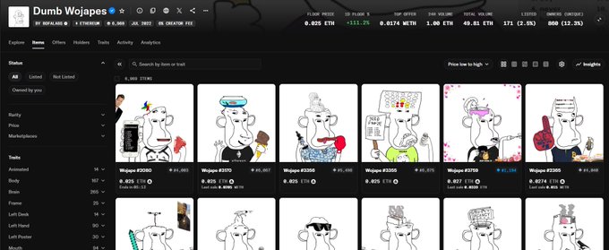A screenshot of the OpenSea NFT marketplace for the 'Dumb Wojapes' collection, displaying a grid of cartoon ape characters with various traits.