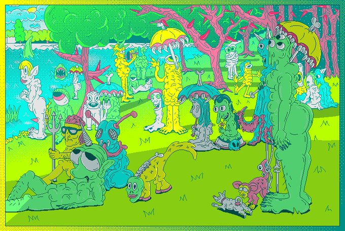 The image features a cartoon-style painting of a group of people sitting together outdoors, with some holding umbrellas. The scene includes various characters such as humans and animals, all gathered under trees or other structures. There are also several small figures in the background that appear to be part of the artwork itself. The post is titled "Secondary Sale ALERT!!! i wish i knew who is the person who collected this work just an hour ago at 88 xtz!!! i feel it might me my biggest xtz sale ever on secondary! Thanks lovely beingwheerever you are!".