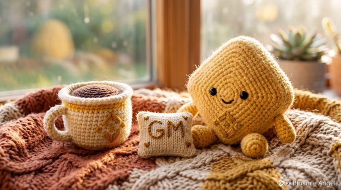 A cozy crocheted scene features a smiling yellow character alongside a coffee mug and a small pillow embroidered with "GM," with a watermark reading "@6Finance.Angels"—a warm, handcrafted visual greeting for the classic "Good Morning" post.