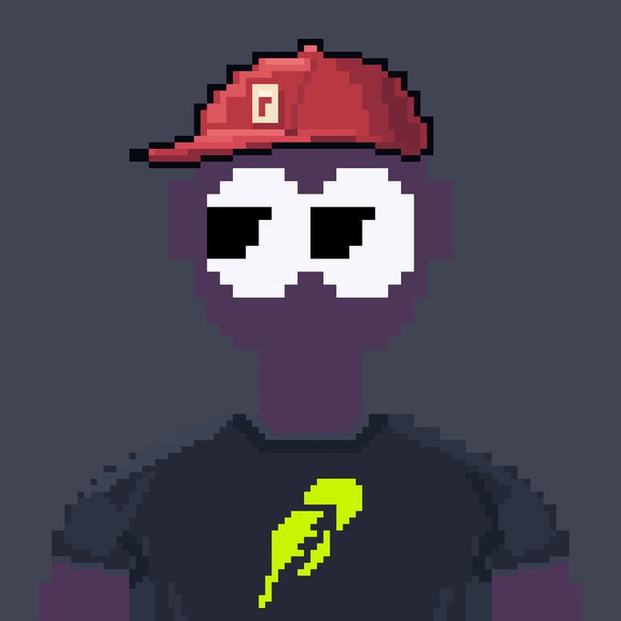 Pixel art illustration of a purple character wearing white sunglasses and a red cap with a 'G' logo, dressed in a black shirt featuring a yellow Nike-style swoosh.