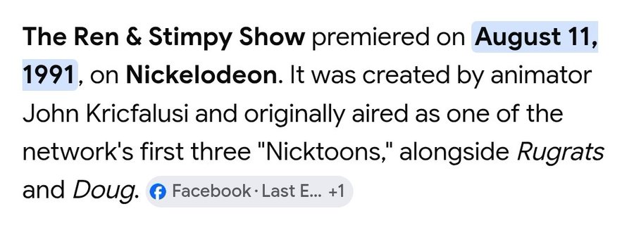 The image displays text stating that "The Ren & Stimpy Show" premiered on August 11, 1991, on Nickelodeon, created by animator John Kricfalusi as one of the network's first three "Nicktoons" alongside Rugrats and Doug, with a Facebook link at the bottom. This relates to the post by explaining the origin of "Stimson J. Cat," a character from the Ren & Stimpy cartoon, which inspired David Schwartz's online pseudonym "Joel Katz."
