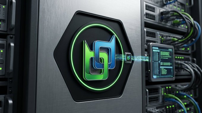 A close-up of a hexagonal metallic badge featuring a green and blue logo, mounted on a server rack with visible cables and status lights.