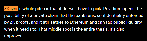 The image shows a highlighted snippet of text discussing ZKsync's pitch compared to Prividium, noting that Prividium offers a private bank-run chain with ZK-proof confidentiality while still settling to Ethereum for public liquidity access. It relates to the post by highlighting a key comparison point between ZKsync's approach and Prividium's alternative privacy-focused blockchain thesis.